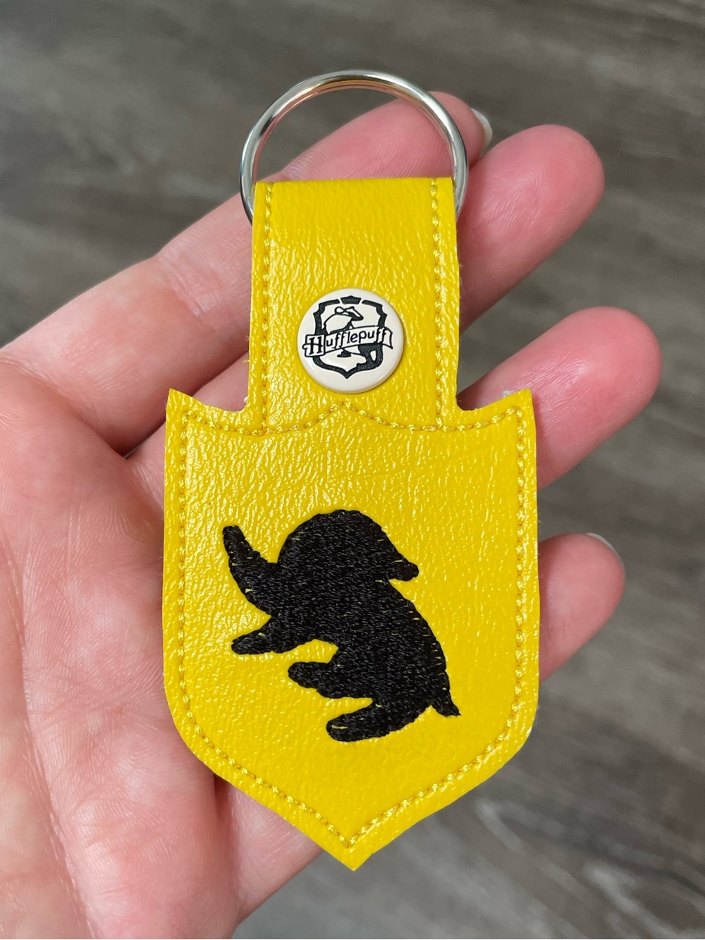 Hufflepuff Yellow Leather Keychain with Black Badger Silhouette